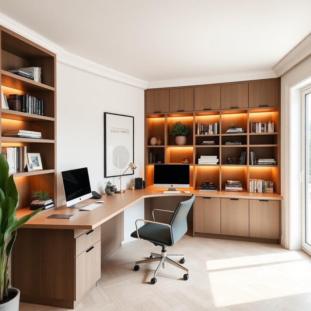 Home office with built-in shelving